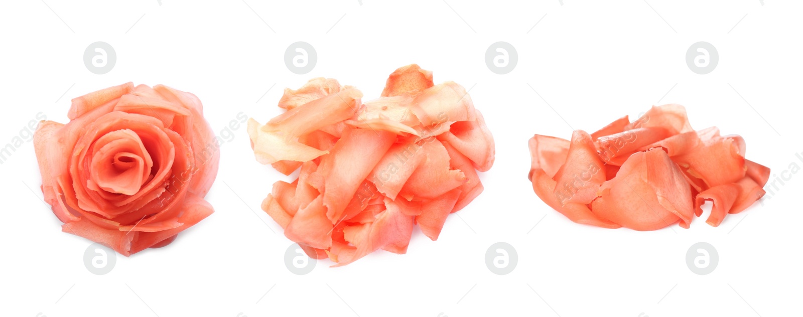 Image of Set with pickled ginger on white background, banner design 