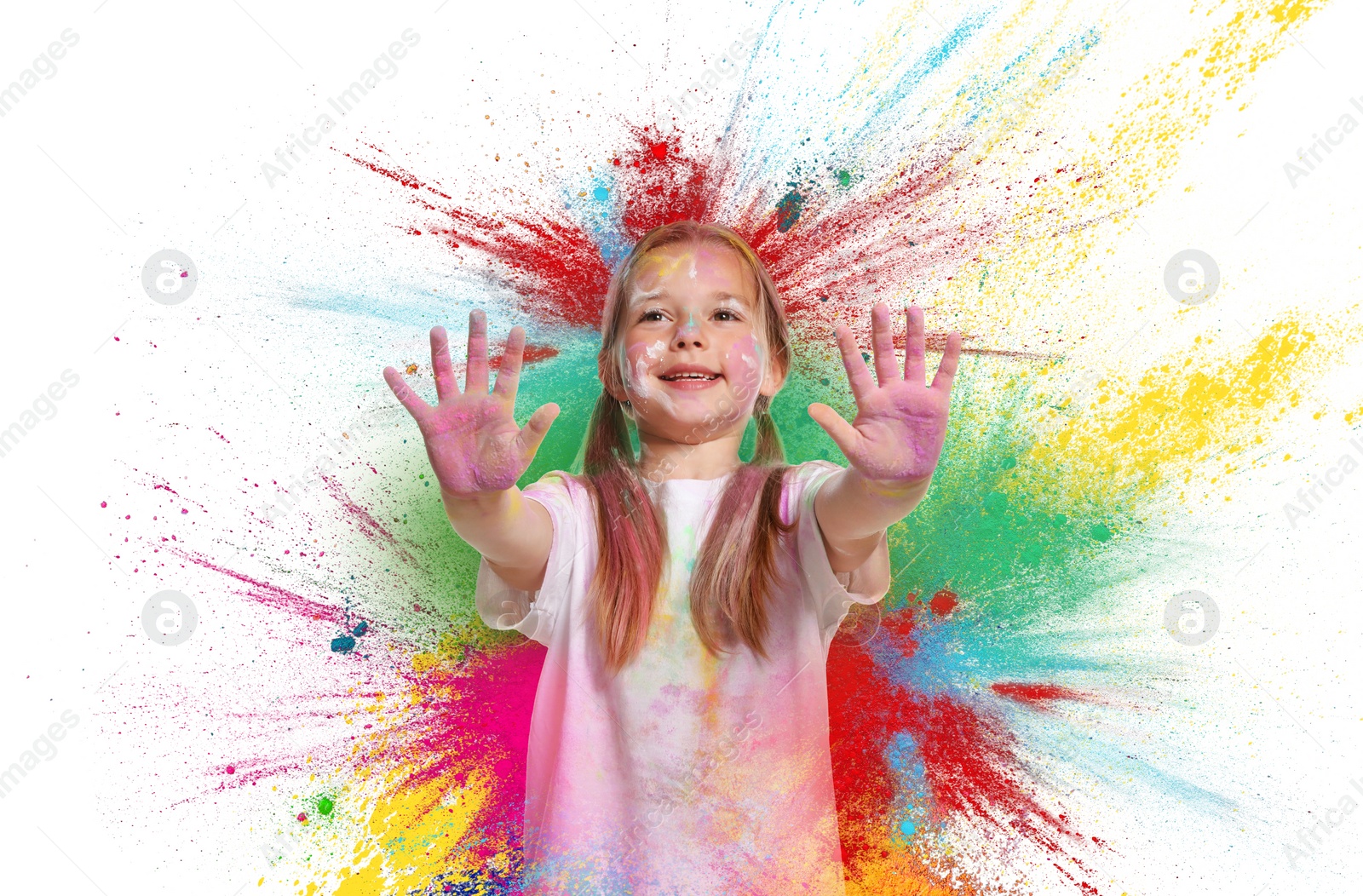 Image of Holi festival celebration. Happy little girl covered with colorful powder dyes on white background