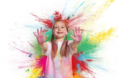 Image of Holi festival celebration. Happy little girl covered with colorful powder dyes on white background