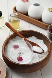 Photo of Composition with bath bomb ingredients on white wooden table