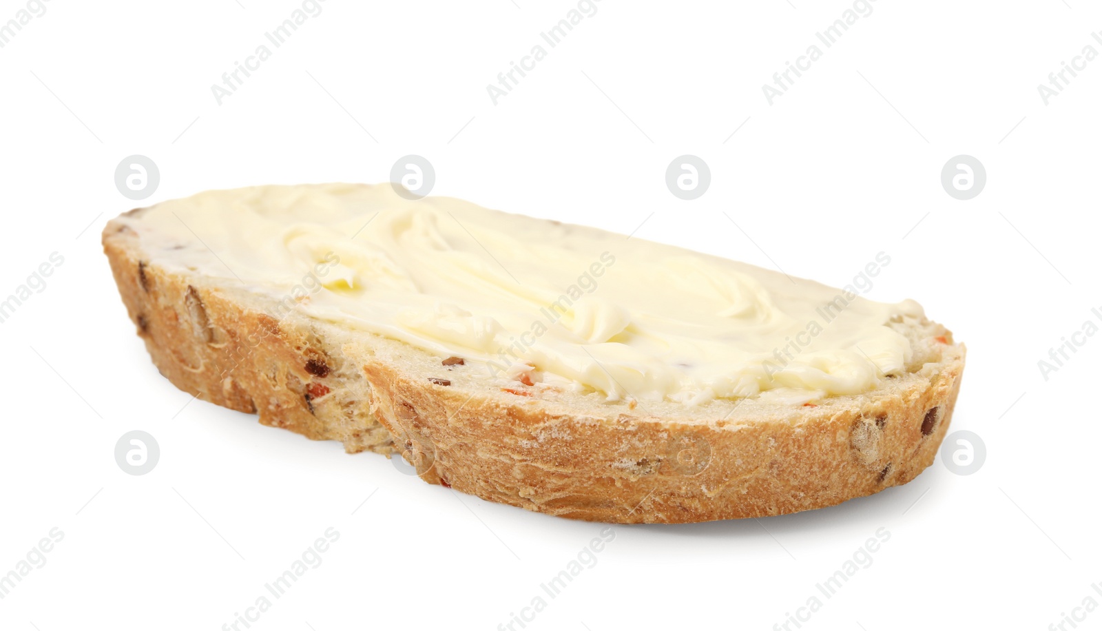 Photo of Slice of tasty bread with butter isolated on white