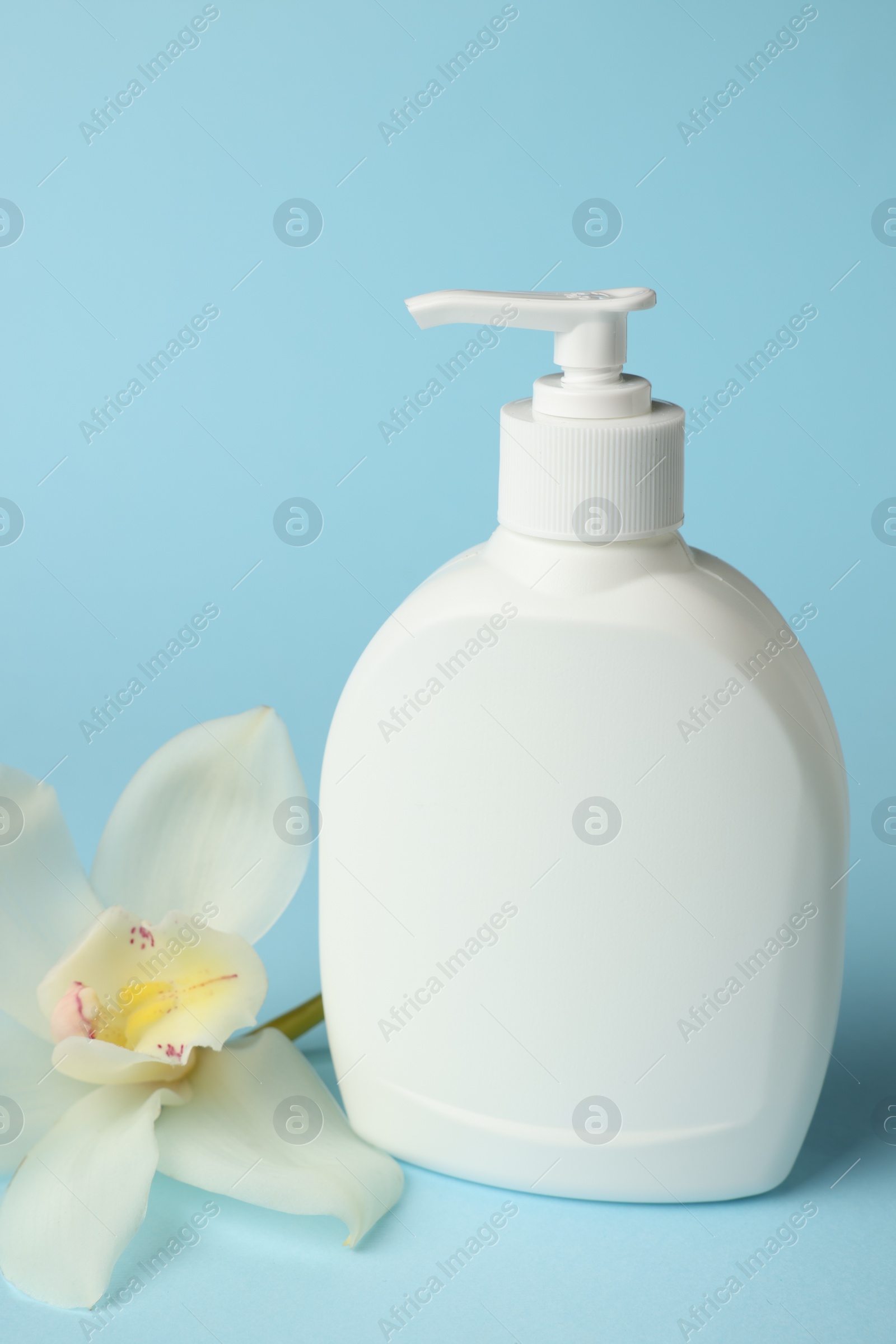 Photo of Bottle of liquid soap and flower on light blue background