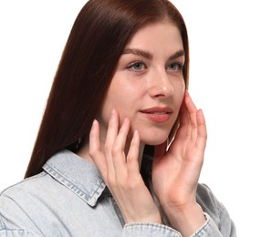 Portrait of beautiful woman with freckles on white background