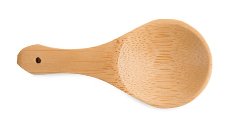 Photo of Wooden spoon on white background, top view