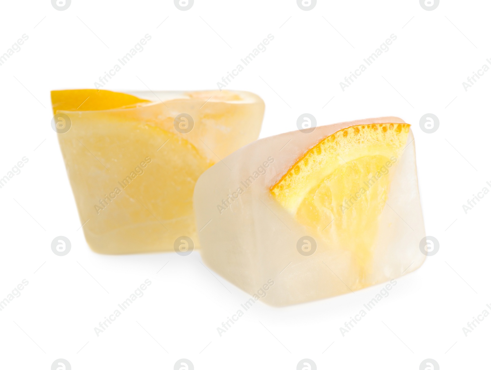 Photo of Ice cubes with oranges on white background