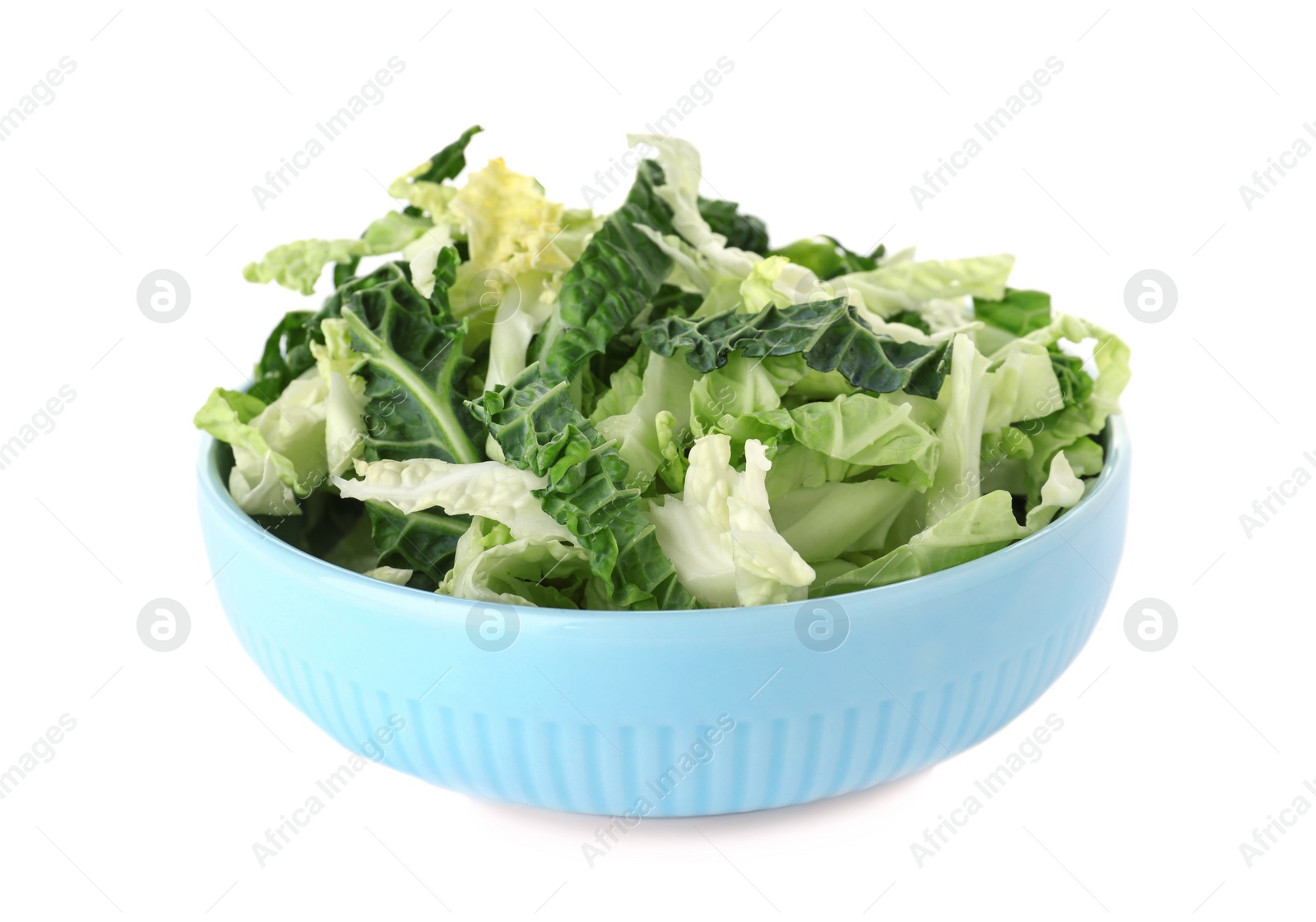 Photo of Chopped fresh green savoy cabbage in bowl on white background