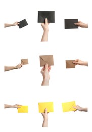 Image of Collage with photos of women holding paper envelope on white background