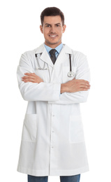 Portrait of doctor with stethoscope on white background