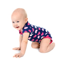 Photo of Cute little baby crawling on white background