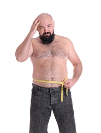 Fat man with measuring tape on white background. Weight loss