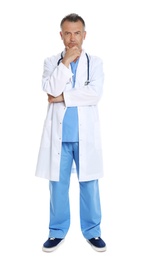 Photo of Full length portrait of experienced doctor in uniform on white background. Medical service