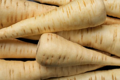 Photo of Heap of delicious fresh ripe parsnips as background, top view