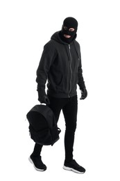 Photo of Man wearing black balaclava with backpack on white background