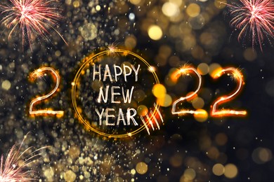 Image of Bright text Happy New 2022 Year made of firework on dark background. Greeting card design