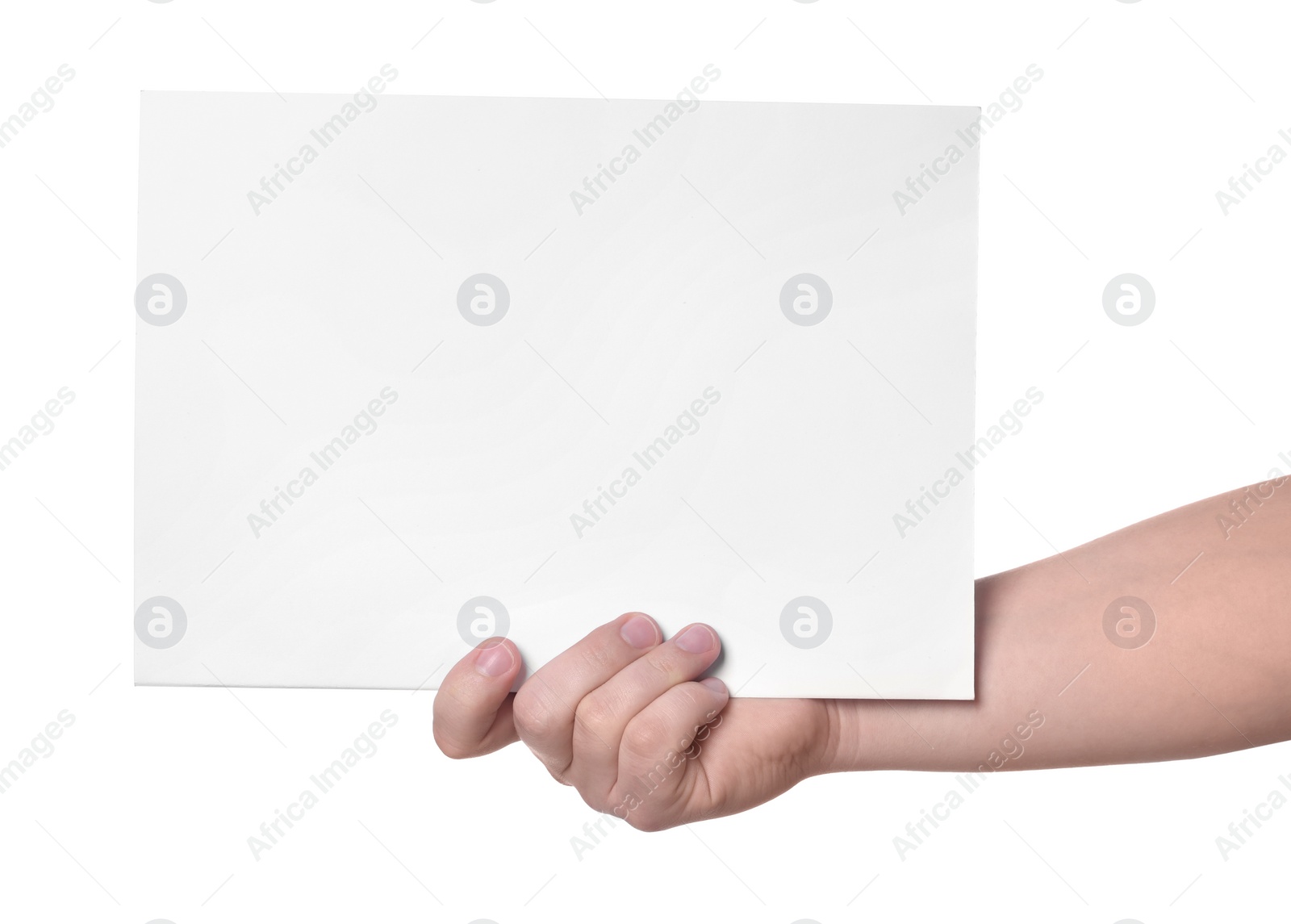 Photo of Woman holding sheet of paper on white background, closeup. Mockup for design