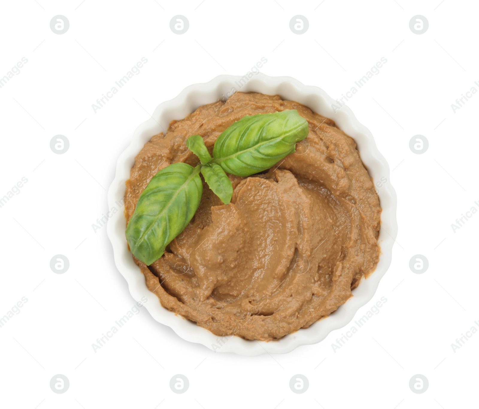 Photo of Bowl with delicious meat pate and basil isolated on white, top view