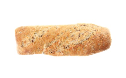 Photo of Tasty mini baguette isolated on white, top view. Fresh bread