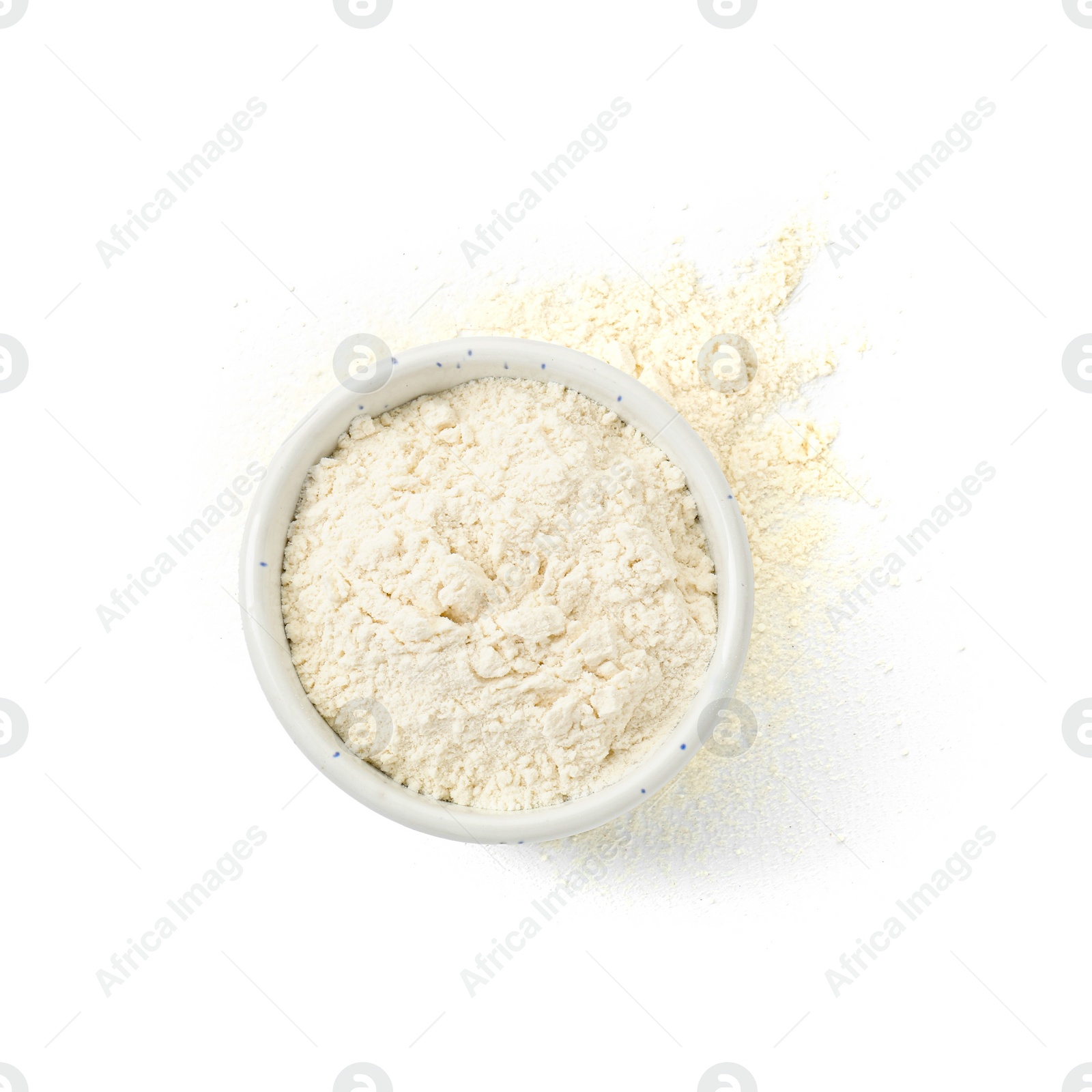 Photo of Baking powder in bowl isolated on white, top view