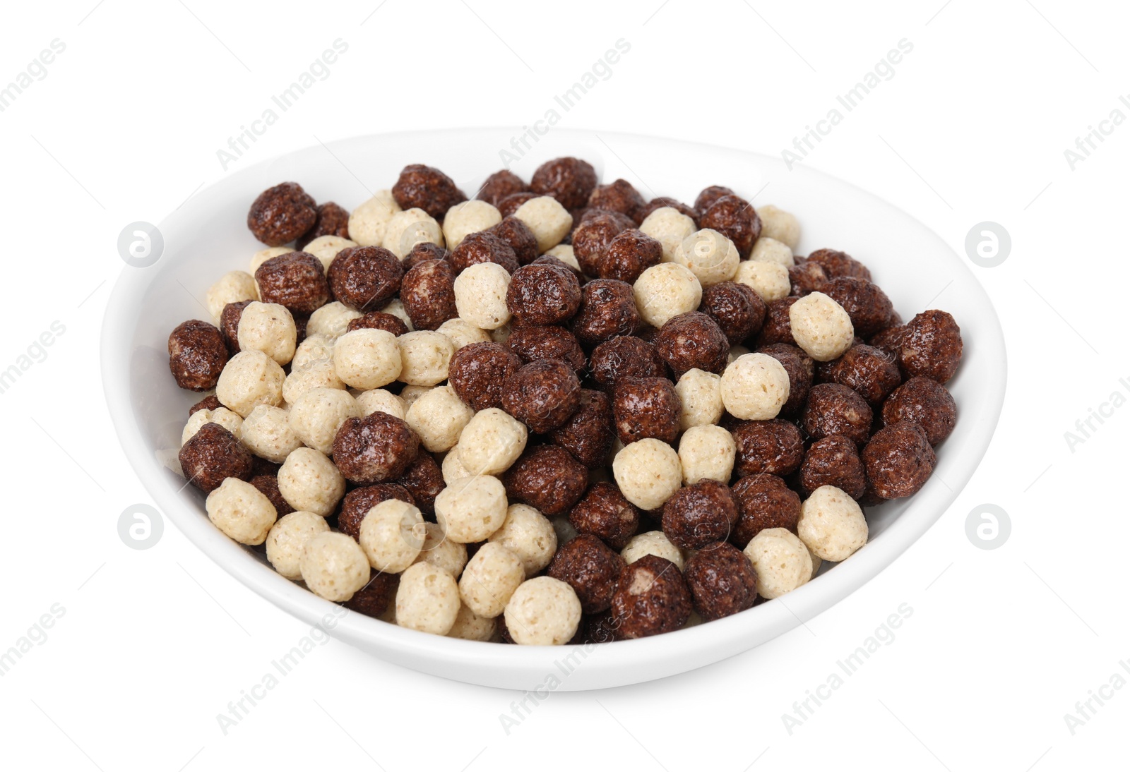 Photo of Tasty sweet cereal balls in bowl isolated on white