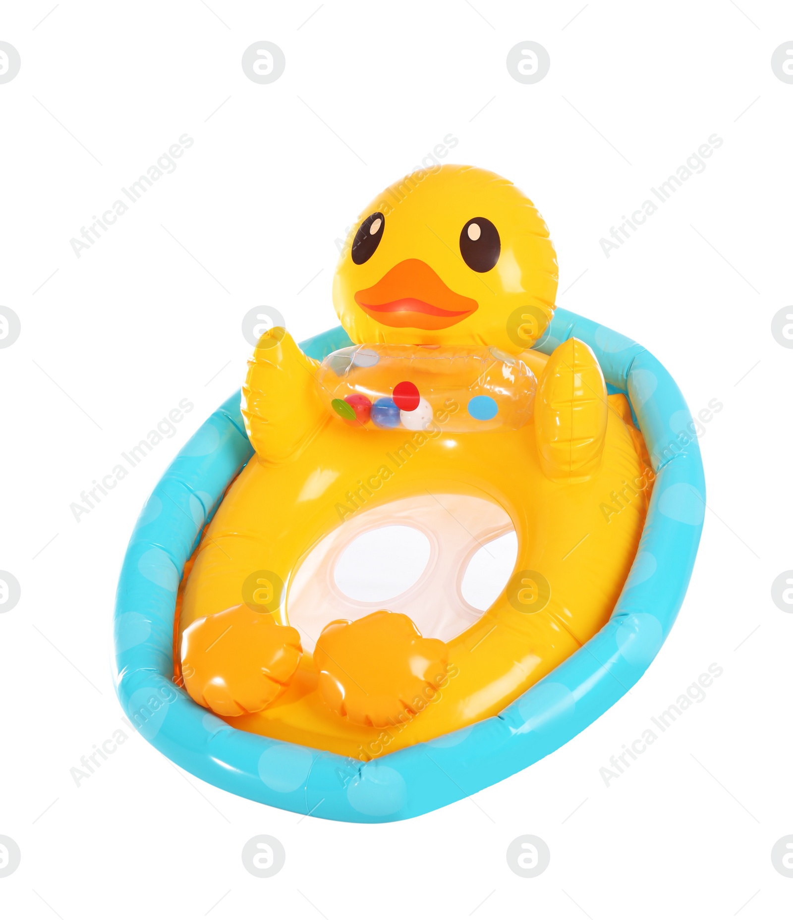 Photo of Duck float for kids isolated on white. Inflatable ring