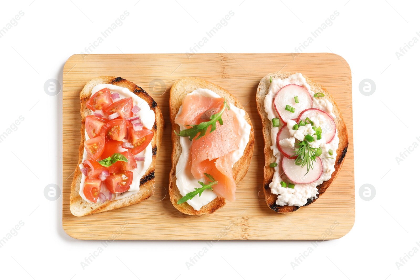 Photo of Board with different tasty bruschettas on white background, top view