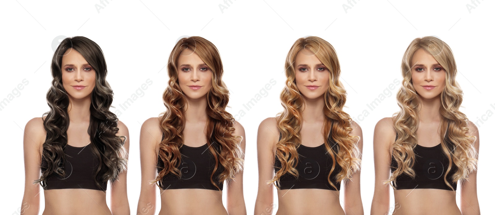 Image of Collage with photos of beautiful young woman with different hair colors on white background. Banner design