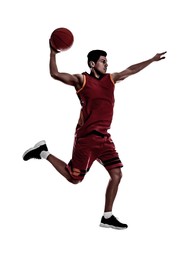 Image of Silhouette of professional sportsman playing basketball on white background