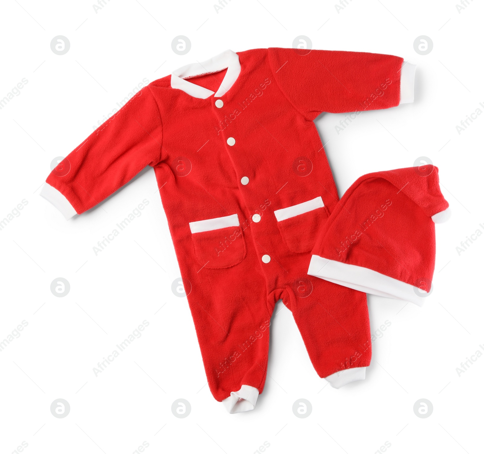 Photo of Cute Christmas baby clothes on white background, top view