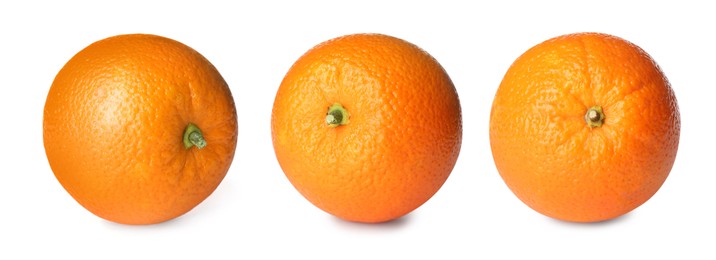 Image of Set with tasty ripe oranges on white background. Banner design 