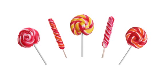 Image of Set with tasty colorful lollipops on white background. Banner design 