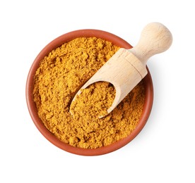 Photo of Curry powder in bowl and scoop isolated on white, top view