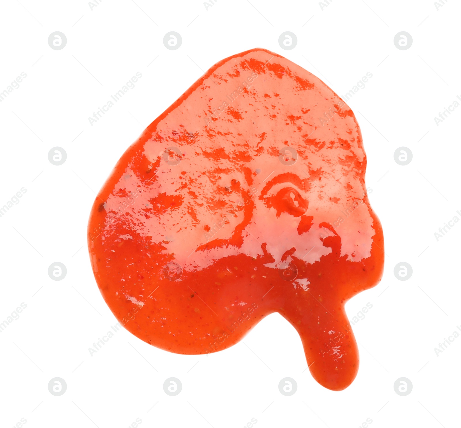 Photo of Tasty tomato sauce isolated on white, top view