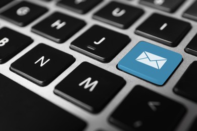 Email. Light blue button with illustration of envelope on computer keyboard, closeup