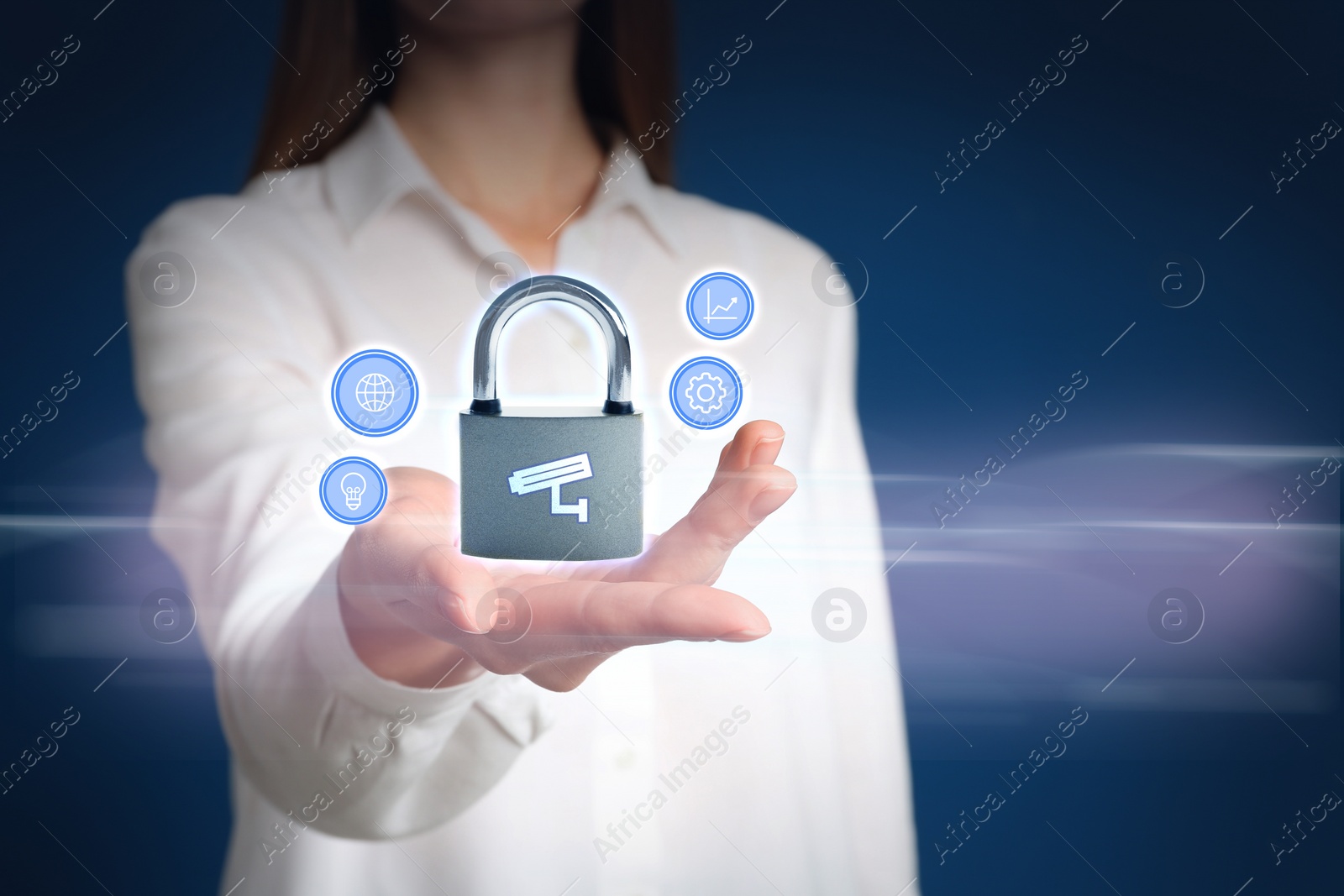 Image of Home security concept. Woman demonstrating lock on blue background, closeup