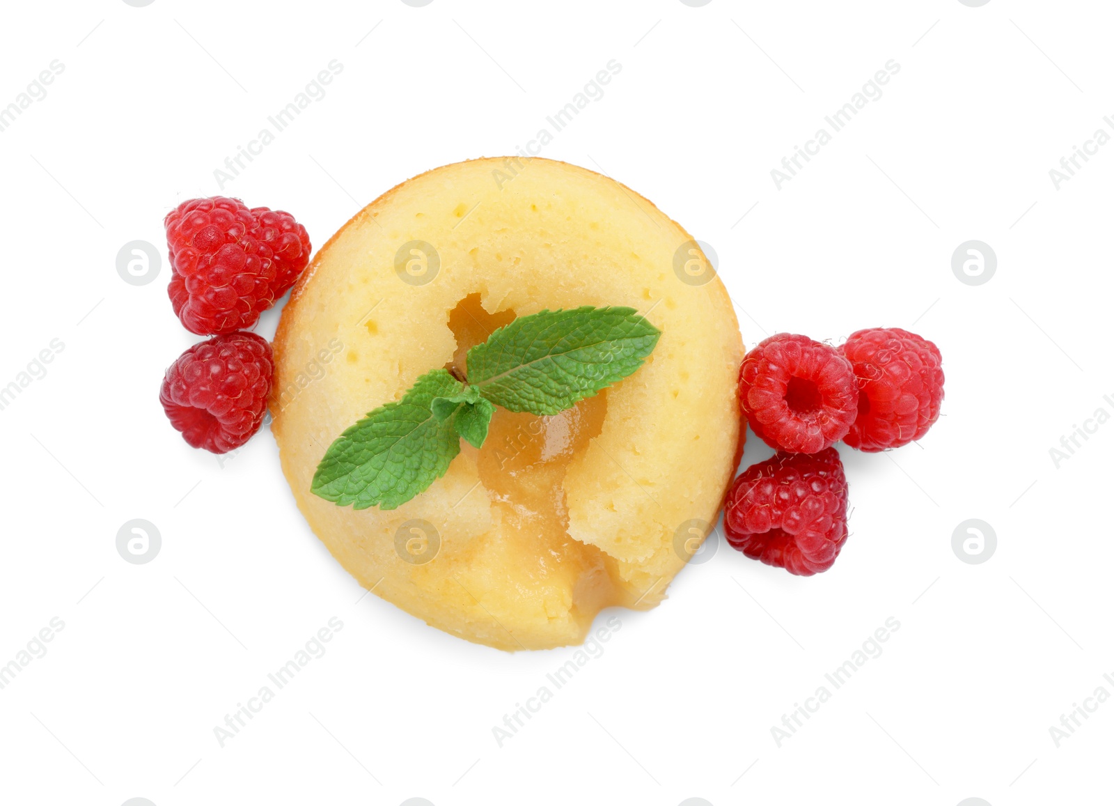 Photo of Tasty vanilla fondant with white chocolate, raspberries and mint isolated on white, top view