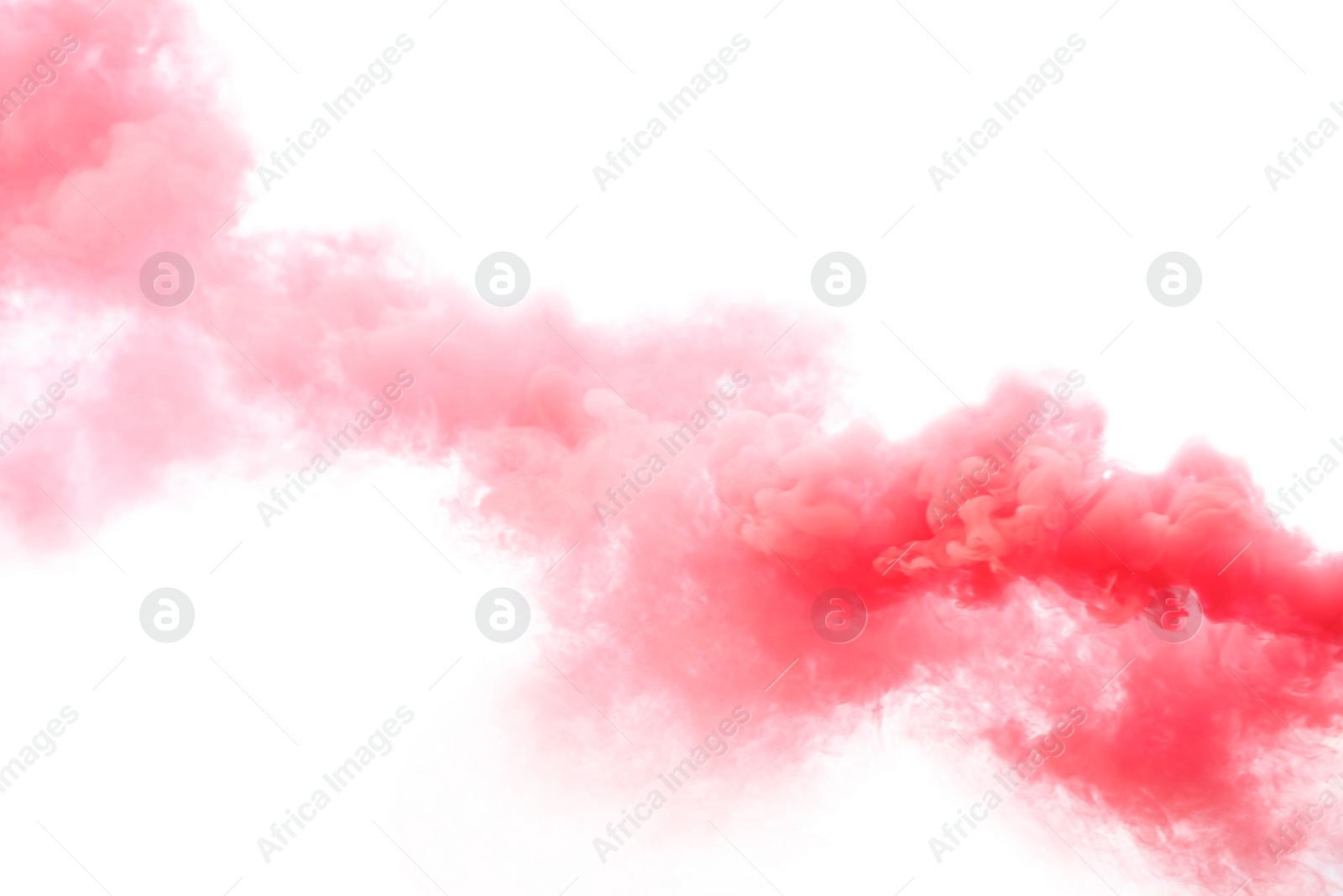 Photo of Trail of red smoke on white background