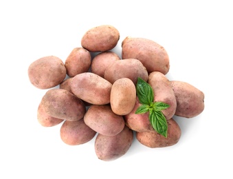 Photo of Fresh ripe organic potatoes on white background, top view