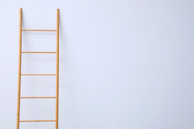 Modern wooden ladder on white background. Space for text