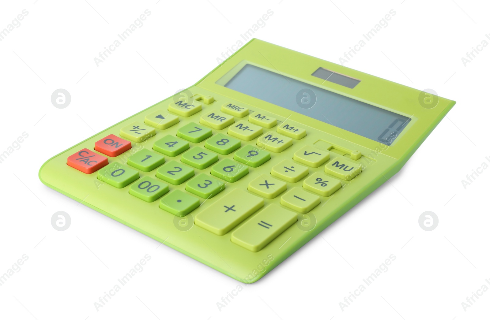 Photo of Green calculator on white background. Office equipment