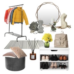 Image of Stylish hall interior with different decorative elements and furniture on white background. Mood board collage