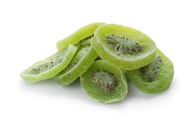 Photo of Slices of kiwi on white background. Dried fruit as healthy food