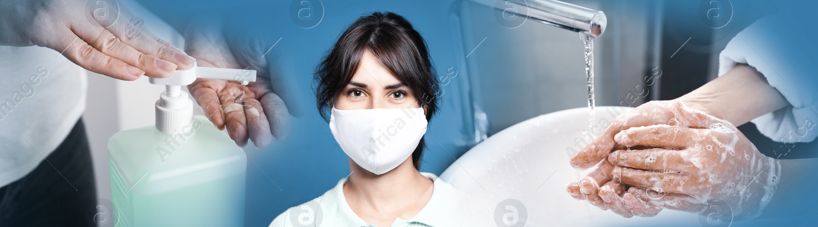 Image of Stop coronavirus spreading. People using sanitizer, wearing mask and washing hands to prevent contamination, banner design