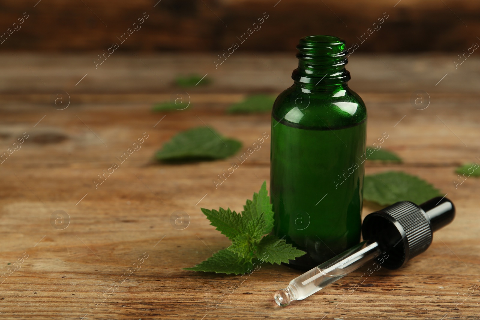 Photo of Glass bottle of nettle oil with dropper and leaves on wooden table, closeup. Space for text]