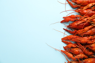 Photo of Delicious boiled crayfishes on light blue background, flat lay. Space for text