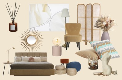Image of Bedroom interior design. Collage with different combinable furniture and decorative elements on beige background
