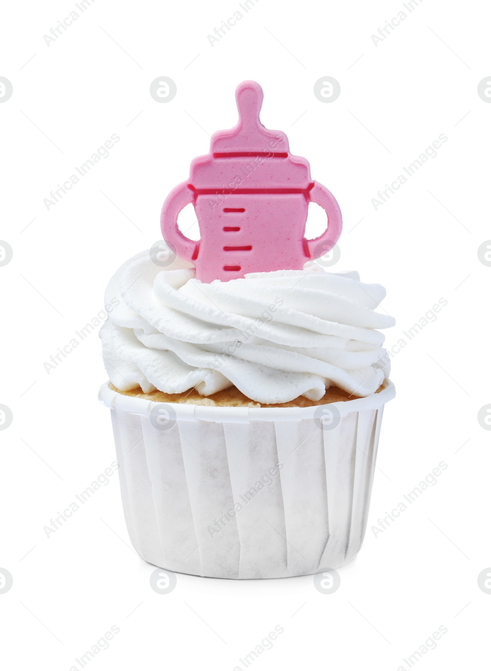 Photo of Beautifully decorated baby shower cupcake for girl with cream and pink topper on white background