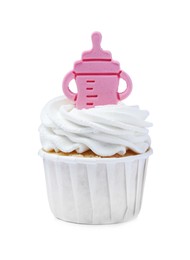 Photo of Beautifully decorated baby shower cupcake for girl with cream and pink topper on white background