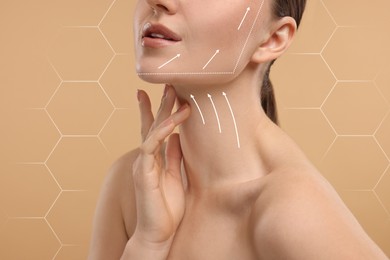 Woman with perfect skin after cosmetic treatment on beige background, closeup. Lifting arrows on her neck and face