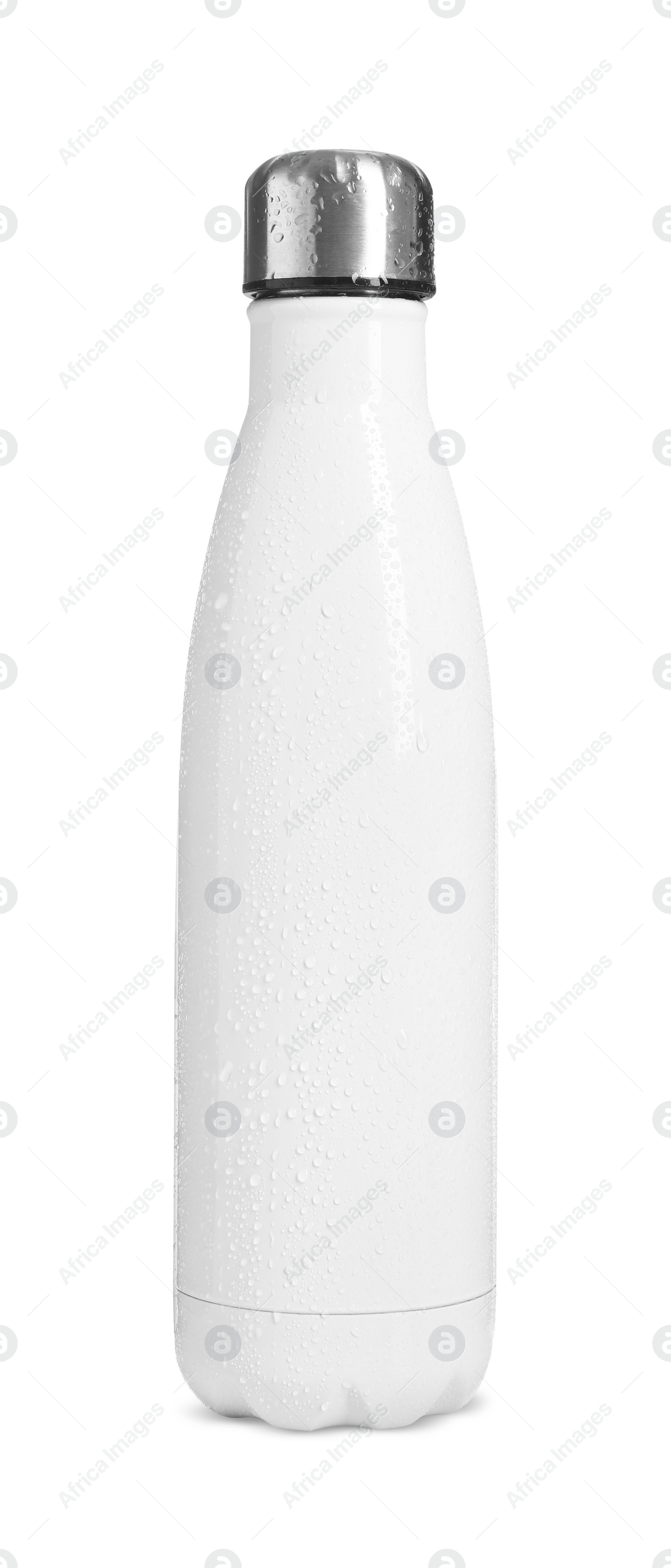 Photo of Stylish closed thermo bottle with water drops isolated on white