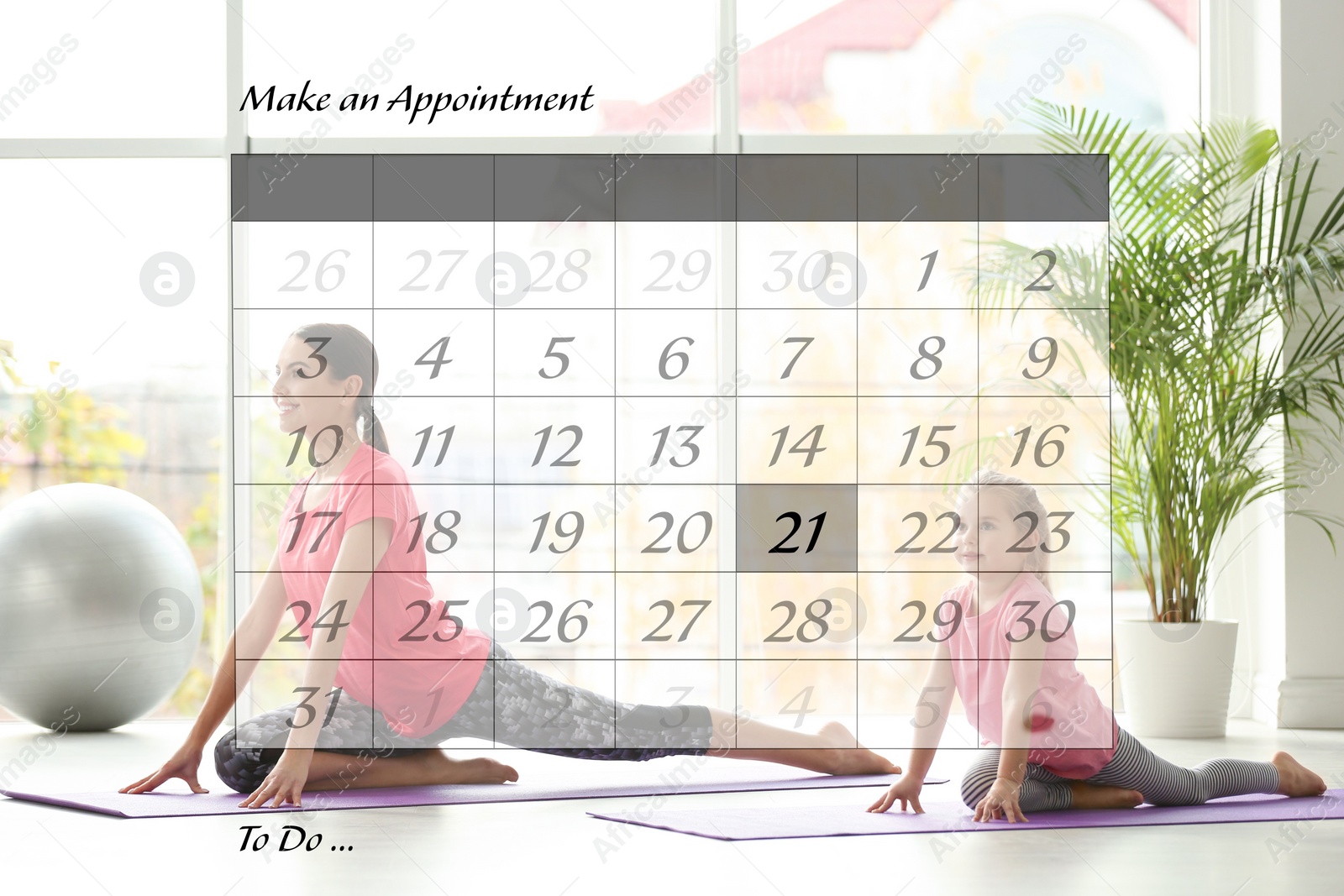 Image of Double exposure of calendar and family doing yoga together at home